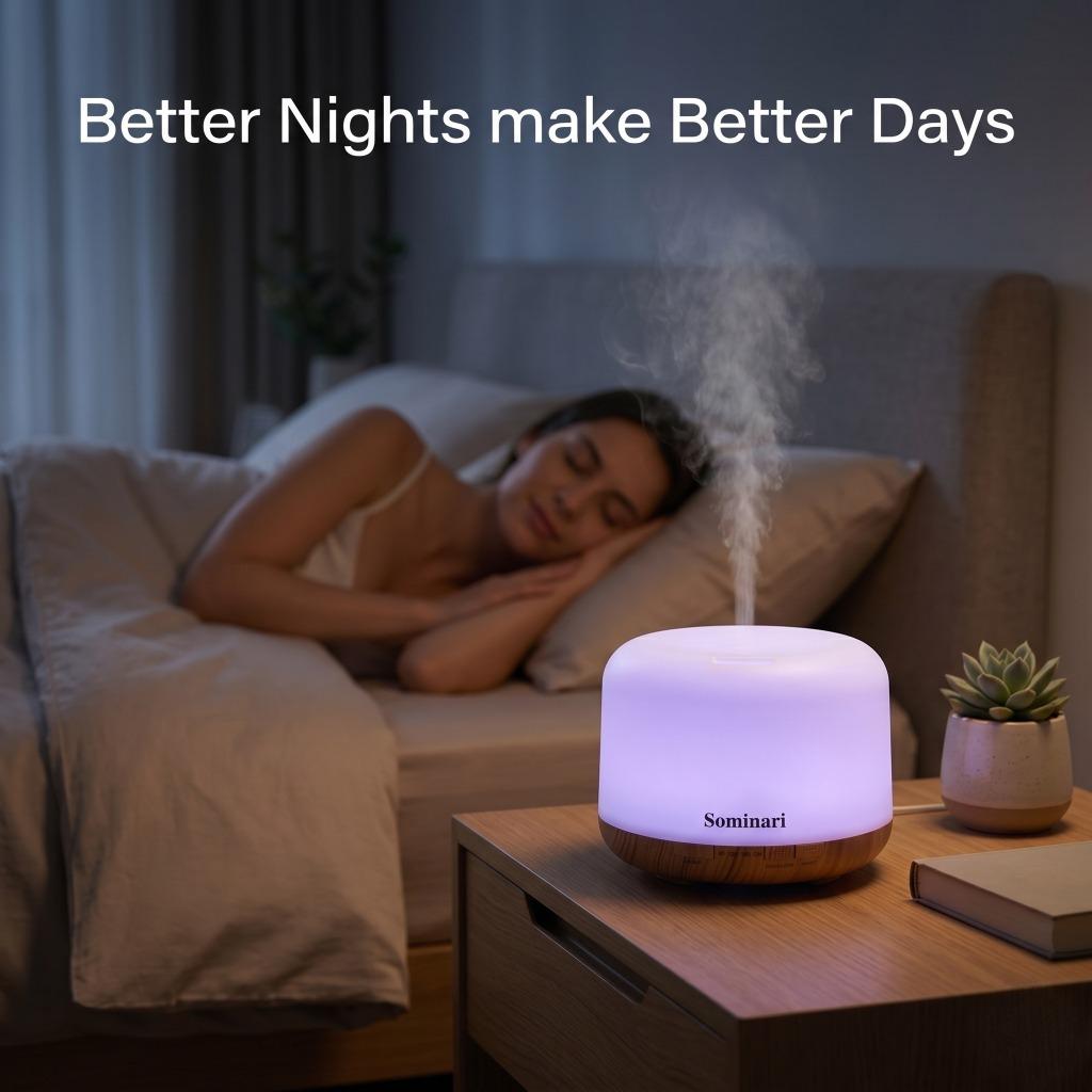 A Sominari LED night humidifier glowing with a soft purple light sits on a wooden bedside table, emitting a mist of water. In the softly blurred background, a woman is sleeping peacefully in bed, with the text 'Better Nights make Better Days' displayed at the top.