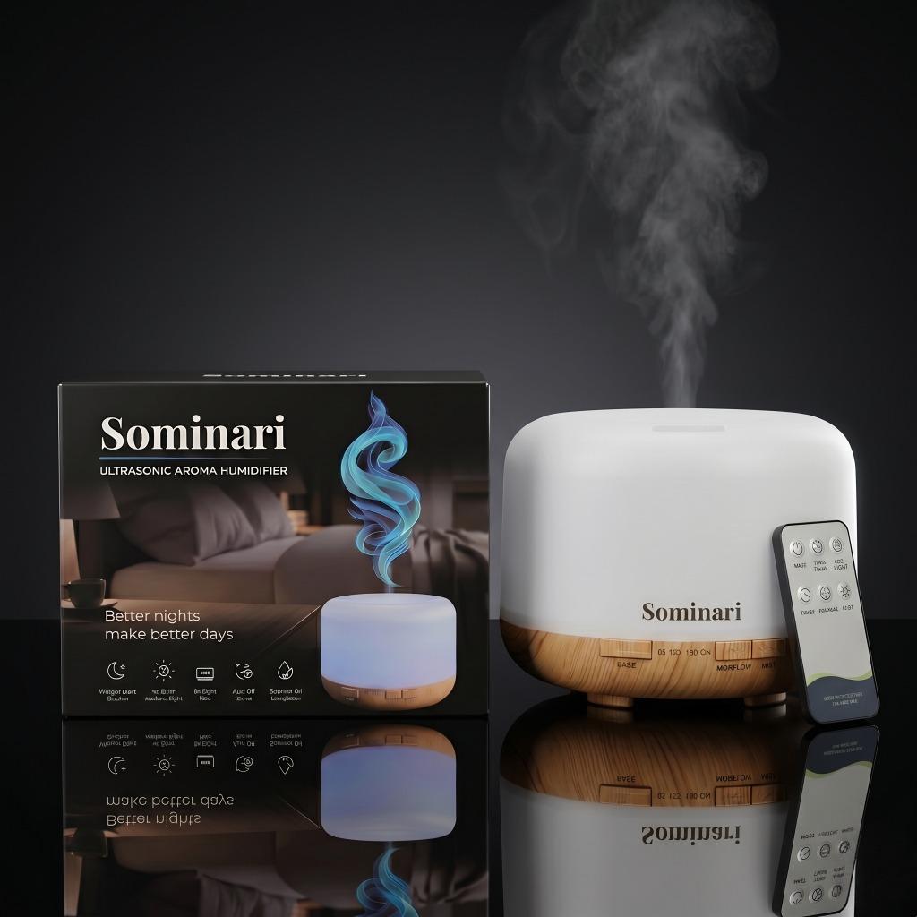 Sominari ultrasonic aroma humidifier shown with its retail box and a remote control on a dark reflective surface. The humidifier has a white top, a wood-grain base, and is emitting a plume of steam.