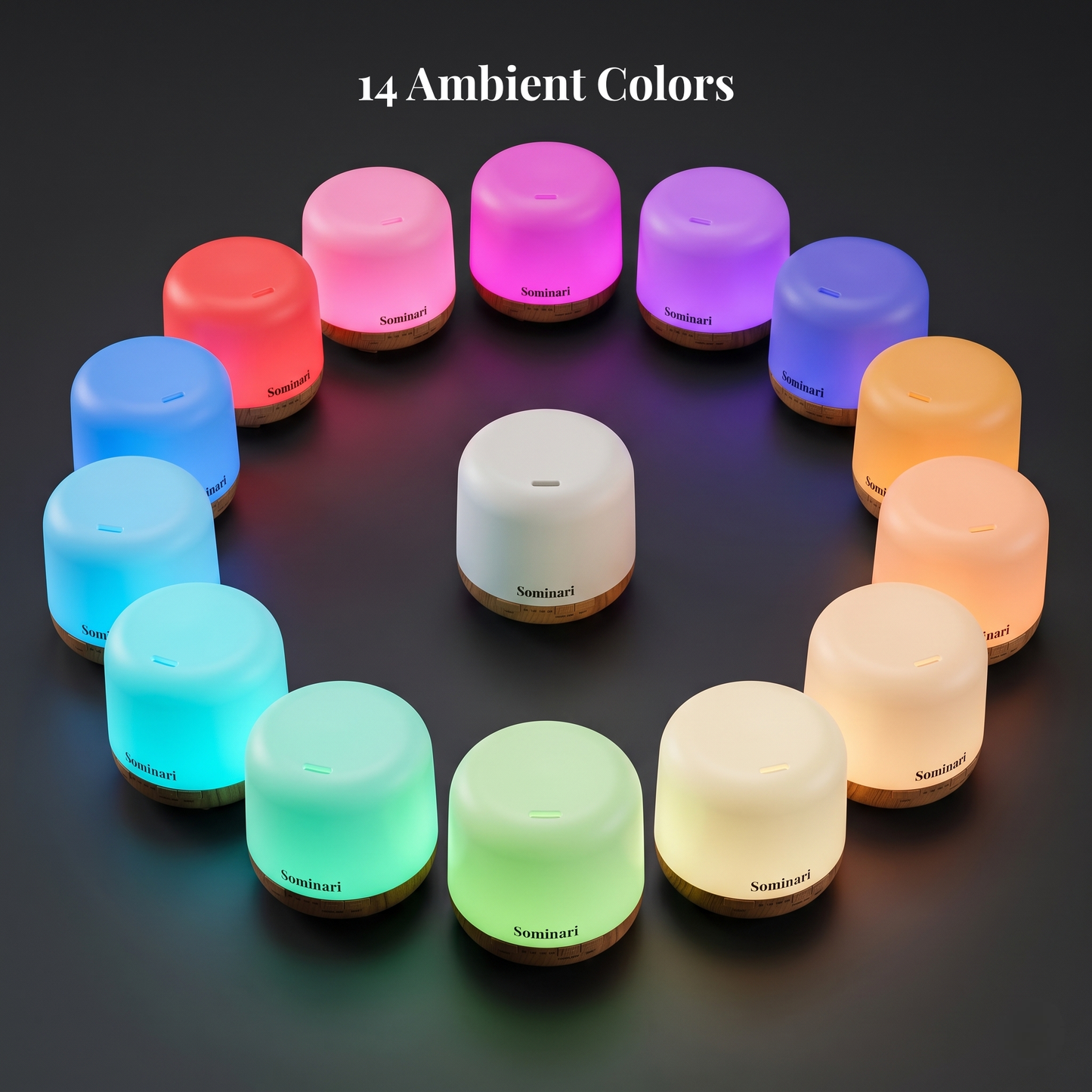 A set of 14 small cylindrical diffusers arranged in a circle on a dark background, each glowing in a different ambient color. The center diffuser is unlit and white, with the text '14 Ambient Colors' above.