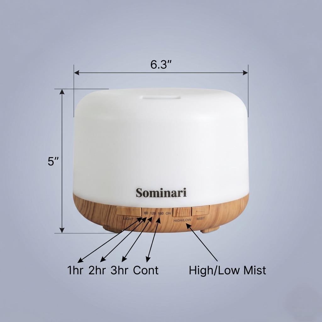 A Sominari essential oil diffuser with dimension annotations showing a height of 5 inches and a width of 6.3 inches, on a light blue-gray gradient background.