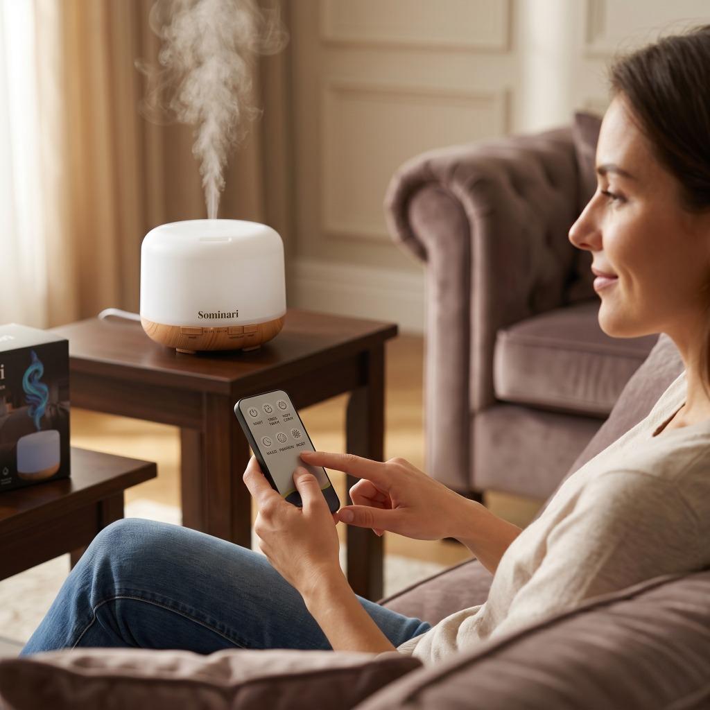 A woman relaxes on a couch in a living room while holding a smartphone that controls a white and wood Sominari humidifier sitting on a wooden side table. Steam is visibly rising from the humidifier.