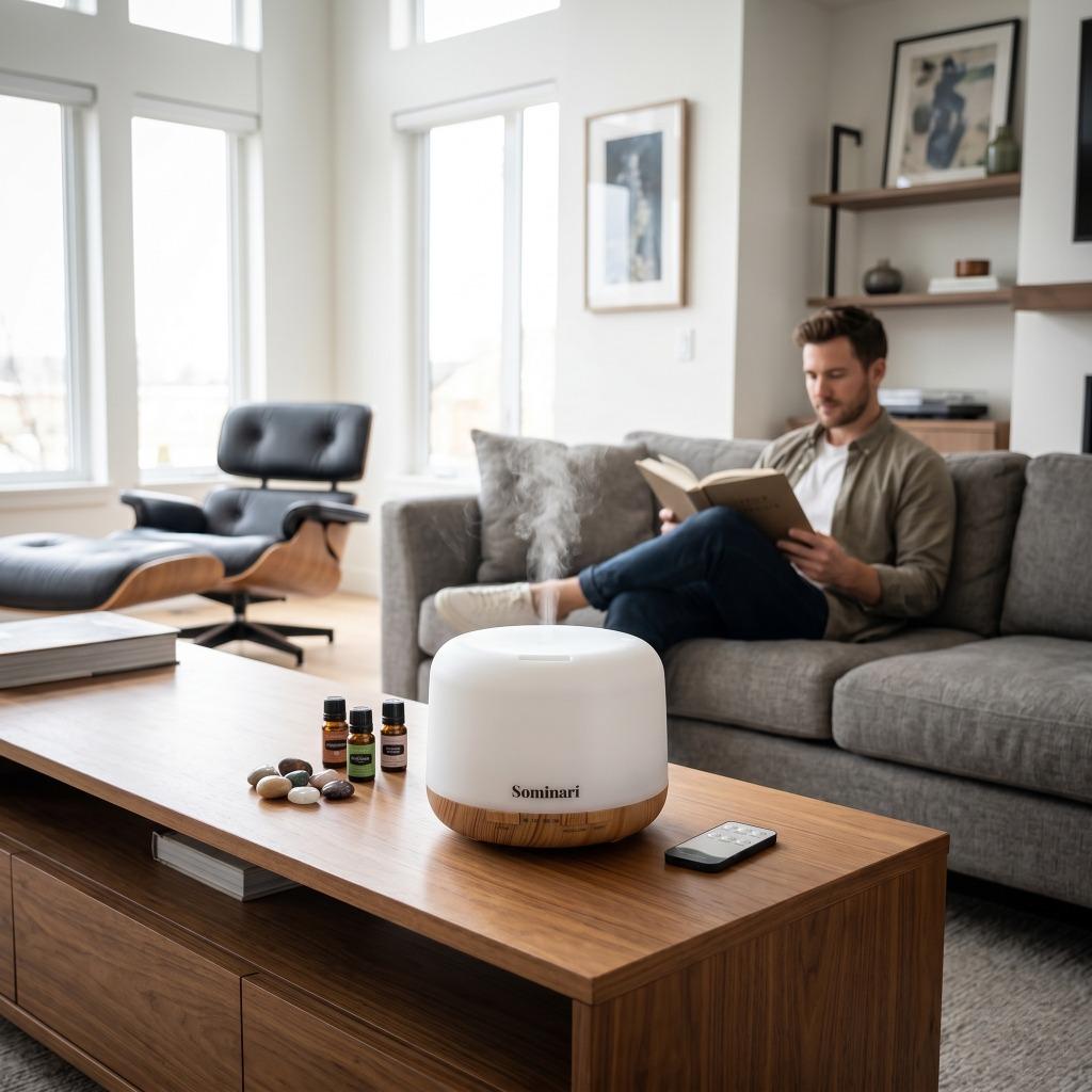 A person sits on a gray sofa in a bright living room reading a book, with a white and wood Sominari diffuser on a wooden coffee table in the foreground.
