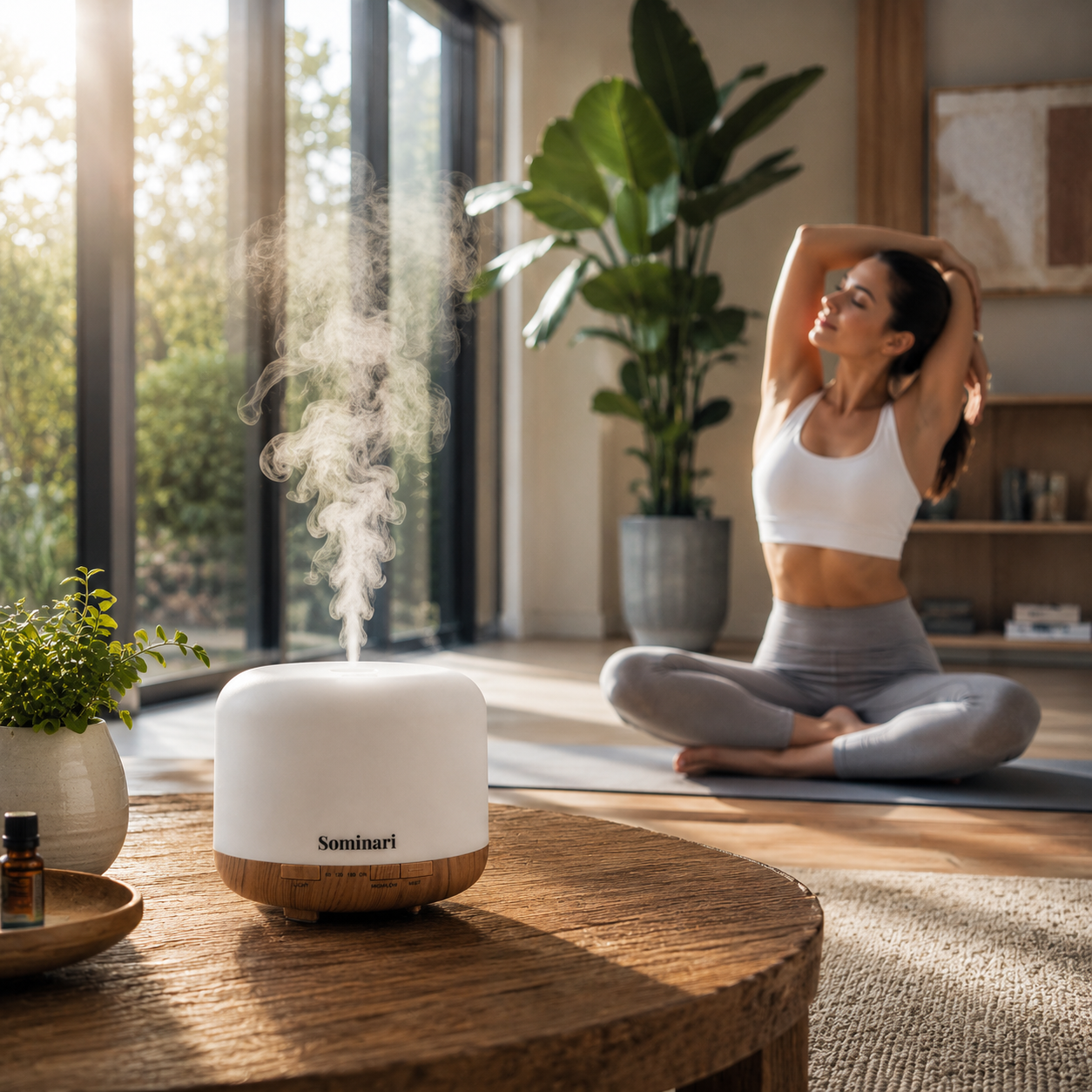 A white and wood Sominari essential oil diffuser is shown on a wooden table in a bright, modern room, emitting a visible plume of steam. In the background, a woman in athletic wear sits cross-legged on a yoga mat stretching near large windows.